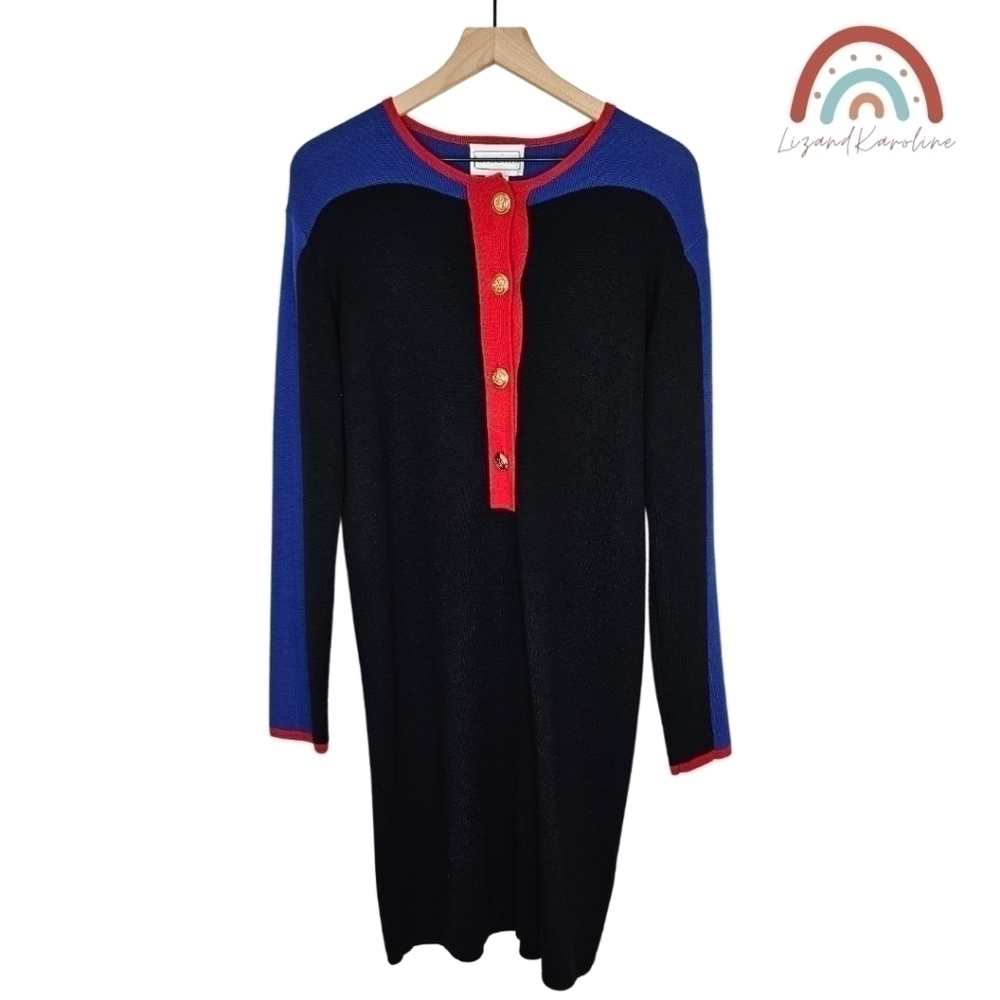 Vintage Karin Stevens 90s Wool Sweater Knit Colorblock Oversized Dress